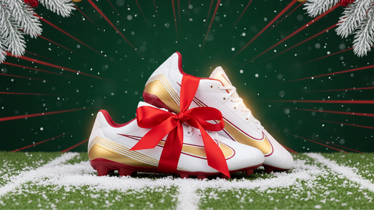 Create a wide website hero banner featuring a Christmas-themed football cleat sale. Show a pair of modern football cleats placed on a snowy turf field, with a red ribbon tied around the cleats like a holiday gift. Use a deep green background with shimmering red accents. Add Christmas tree branches framing the top corners and subtle falling snow. Include festive lighting, glowing highlights, and a warm holiday atmosphere. The style should be clean, sharp, and professional.No text and buttons